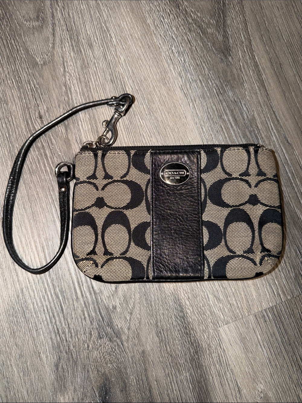 Coach Tan and Black Signature Canvas Wristlet
